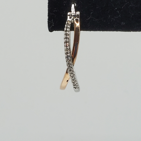 10K Rose Gold and Sterling Silver Pave Diamond Crossover Hoops - Picture 13 of 16